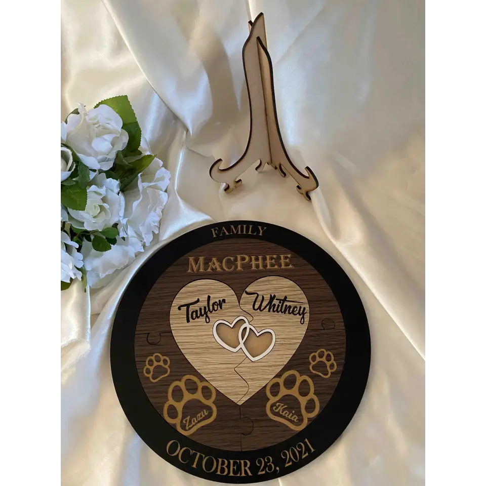 Wedding Unity Puzzle - Hearts with 2 names and furry friends