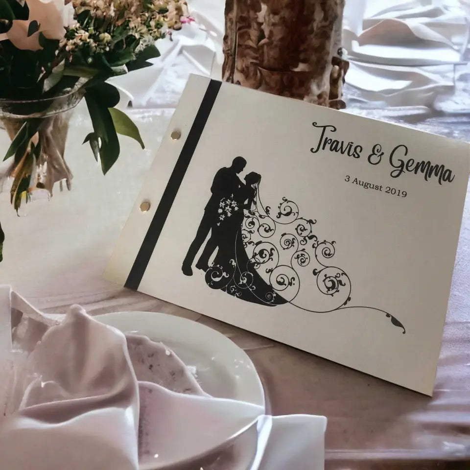 Wedding guest book - White engraved