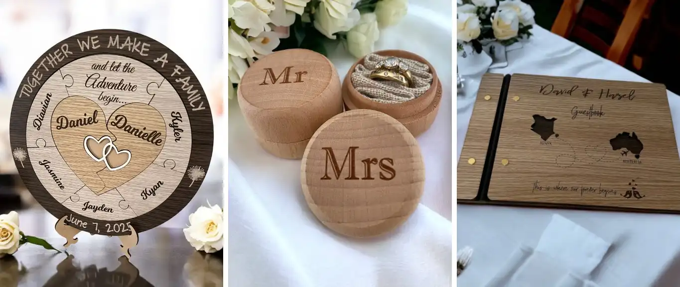 Collection of handmade wedding gifts including a unity puzzle, ring boxes, and a guest book.